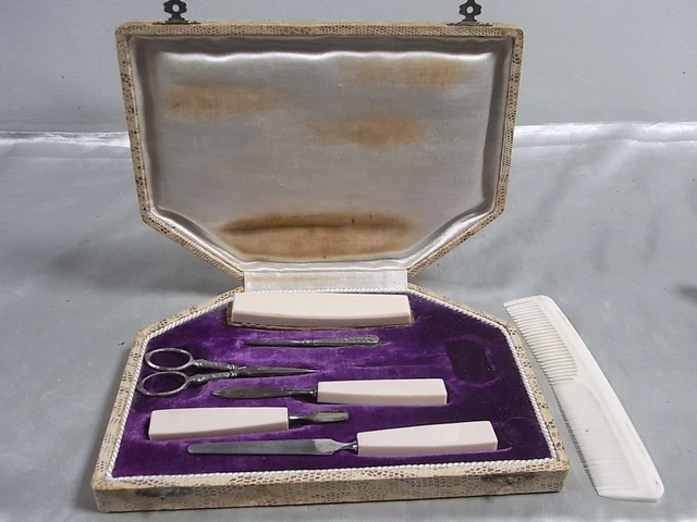 🇫🇷 COFFRET Necessaire A Manucure Bakelite Ciseaux Limes Peigne Vintage ...