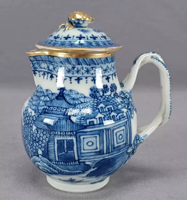 18th Century Chinese Export Hand Painted Blue Pagodas Boats & Gold Creamer