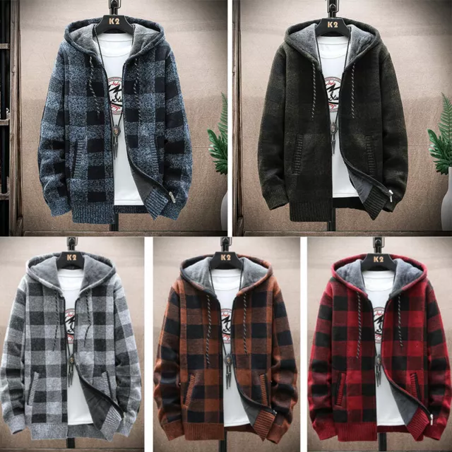 Mens Plaid Thicken Warm Fleece Lined Hoodie Zip Coat Winter Jacket Sweatshirts 2