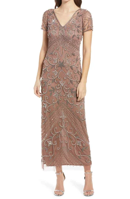 Pisarro Nights Beaded Mesh Column Gown SZ 12 Mauve