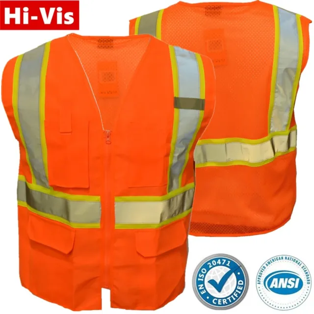 High Visibility Safety Work Hi Vis ANSI Class 2 Reflective Tape Vest Neon Orange