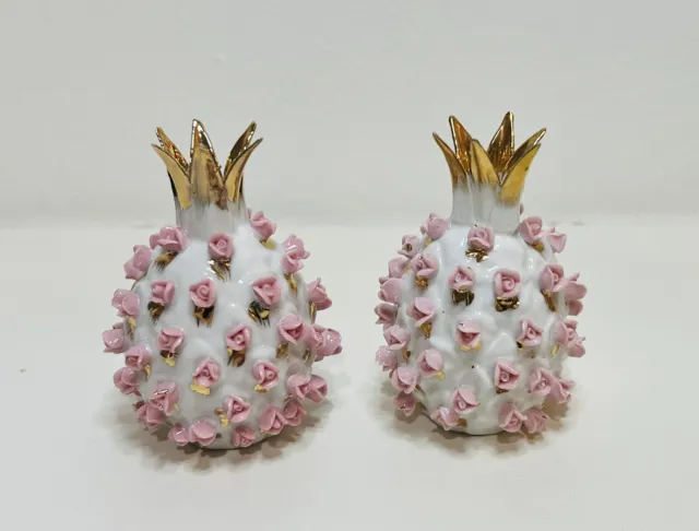 Salt Pepper Shakers Pineapple White Porcelain w/ 3D Pink Roses EXCELLENT COND.