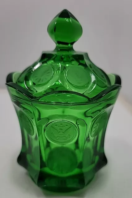 Vintage Fostoria Coin Glass Lidded Candy Dish Jar Emerald Green Crystal 1887