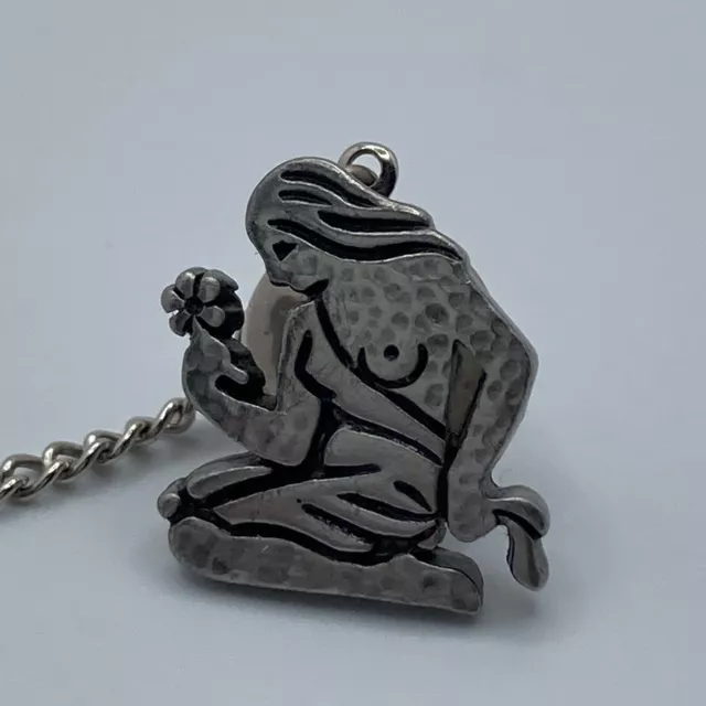 Vintage Polynesian Hawaiian Woman Tie Tack Chain Silver Tone B158