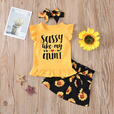 Infant Baby Girls Ruffles Casual Print Tops+Sunflower Shorts+Headbands Outfits