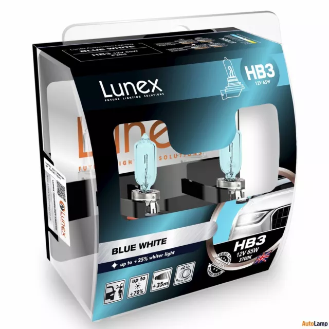 2x HB3 Lunex Blue White 3700K 9005 65W 12V Car Headlight Bulbs P20d Hard Case