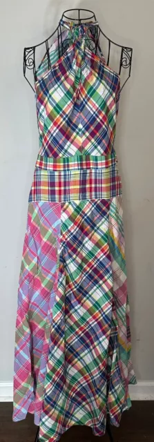 Polo Ralph Lauren Womens Maxi Dress 2 Multicolor Madras Plaid Halter Neck $298