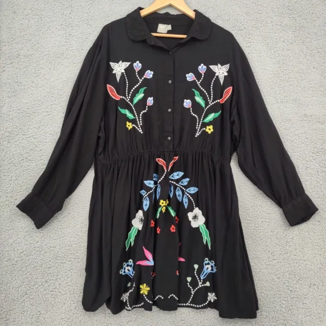 Asos Dress Womens Size 20 Plus Size Black Floral Embroidered Long Sleeve Elastic