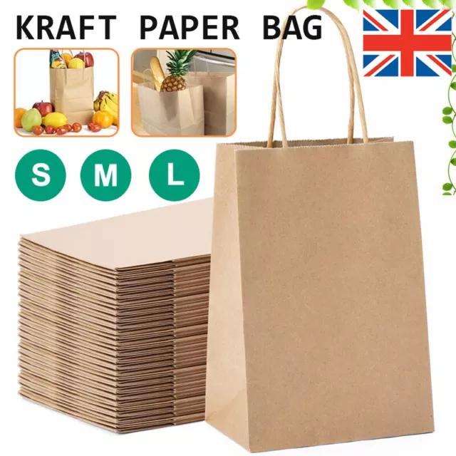 50 x Bulk Kraft Paper Bags Gift Shopping Carry Craft Brown Bag with Handles UK