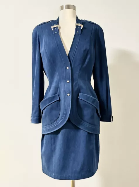 Thierry Mugler Vintage Beautiful 1980s Blue Denim And Silver Buckle Skirt Suit