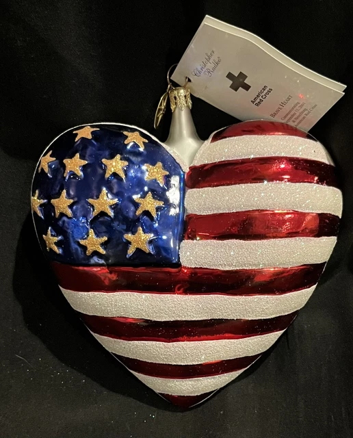 CHRISTOPHER RADKO AMERICAN FLAG BRAVE HEART CHRISTMAS ORNAMENT Red Cross 9/11