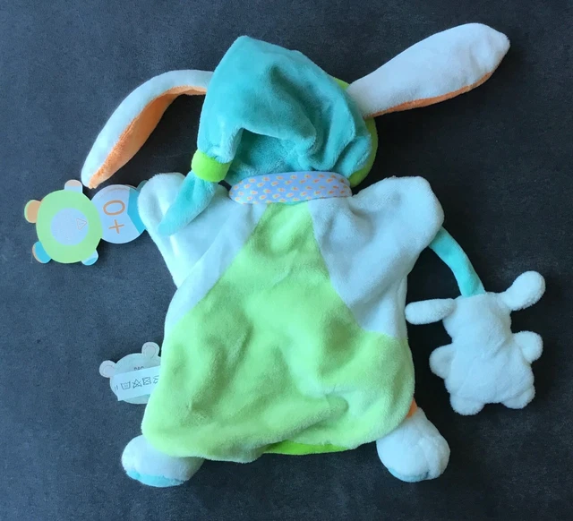 Marionnette Bouilles Doudou Lapin blanc orange vert DC2408 Doudou et Compagnie 2