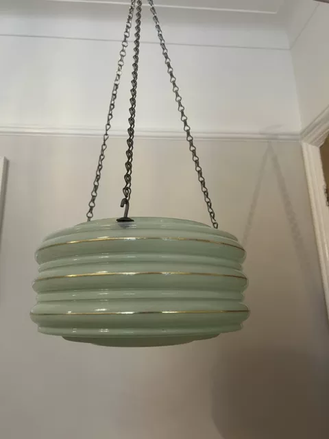 Art Deco Green Marbled Glass Flycatcher Plafonnier Ceiling Light Shade w. Chains