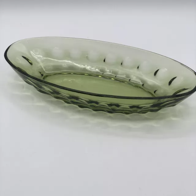 Green Pressed Glass Oval Serving Dish Relish Pickle Candy 10” Thumbprint