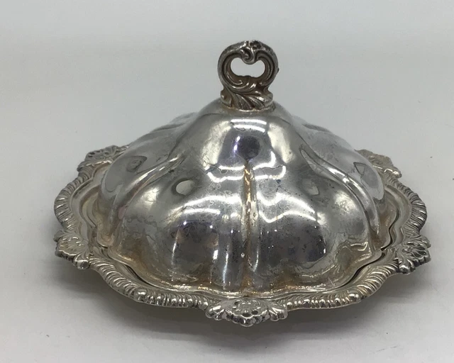 Silver Plate “ LB” Round Butter Dish Pattern w/ Glass Insert 6.5”