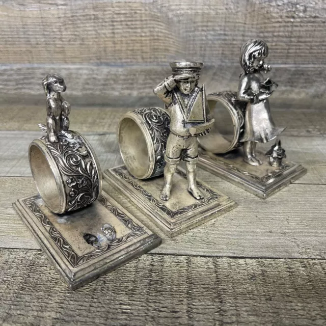 Lance 1979 Antique Silver Plate Napkin Ring Holder "Children at Play"  Lot of 3