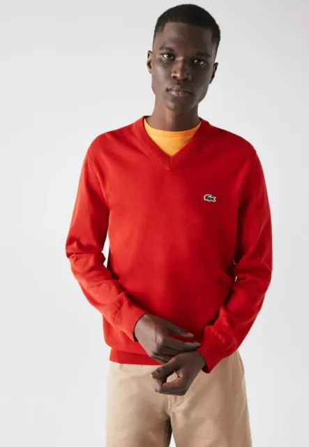 Lacoste Pullover Herren rot V-Ausschnitt Gr. S 100% Baumwolle *NEW*