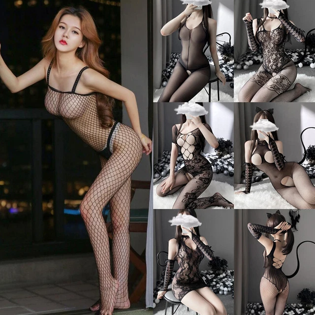 Bestgift Women's Fishnet Garter Belt Bodysuit Lingerie Set - Oversize Lace Design