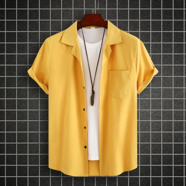 Large Button Summer Men's Short Sleeve Cardigan Shirt Beach Pocket T Shirt