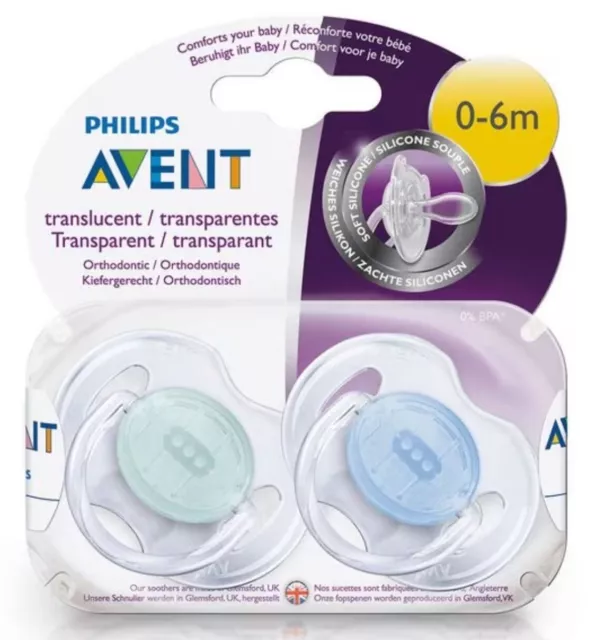 Avent Free Flow Soother Translucent 0-6 Months 2 Pack Pacifier Dummy Dummies