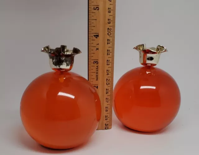 Lucite Acrylic Large Ball Orb Candleholders Orange Gold Top Pair Mid-Century MCM