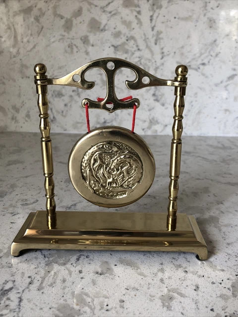 Solid Brass Miniature Gong Bell Decorative Vintage 5”x 5"