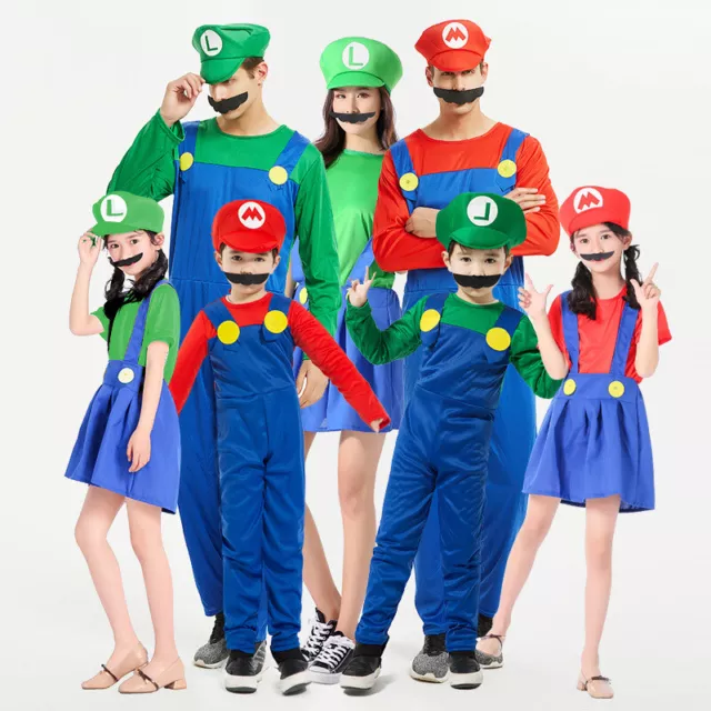 Super Mario Luigi Bros Unisex Adult & Kids Cosplay Fancy Dress Outfit Costume