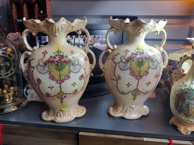 Pair Of Antique Crown Made in England  Ornate Handled Vases 13" Roses R.526518