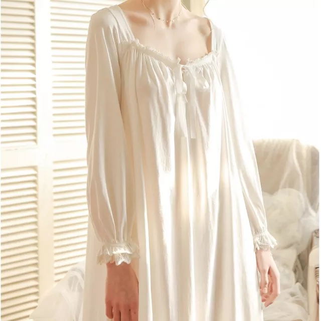 Lady Nightdress Nightgown Sleepwear Retro Lace Ruffle Loose Cotton Cute Dress