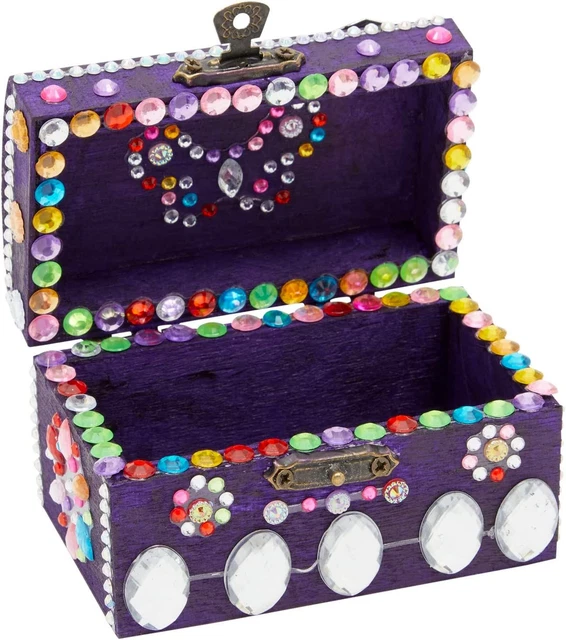 Unfinished Wood Box with Rhinestone Stickers and Paint Brushes (30 Piece Set)