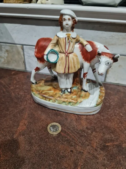 Staffordshire 19th C Figurine Milkmaid And Cow