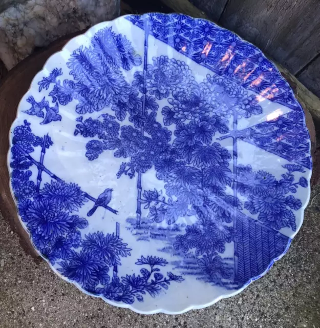 Antique vintage Japanese Arita charger wall plate blue white bird tree 10" wide