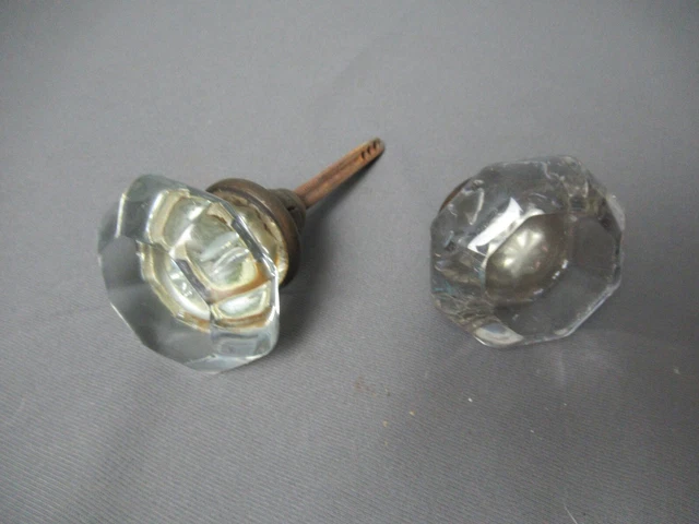 Antique Vintage 2 Clear  Glass Door Knobs - Octagon 8 Sides - k vh