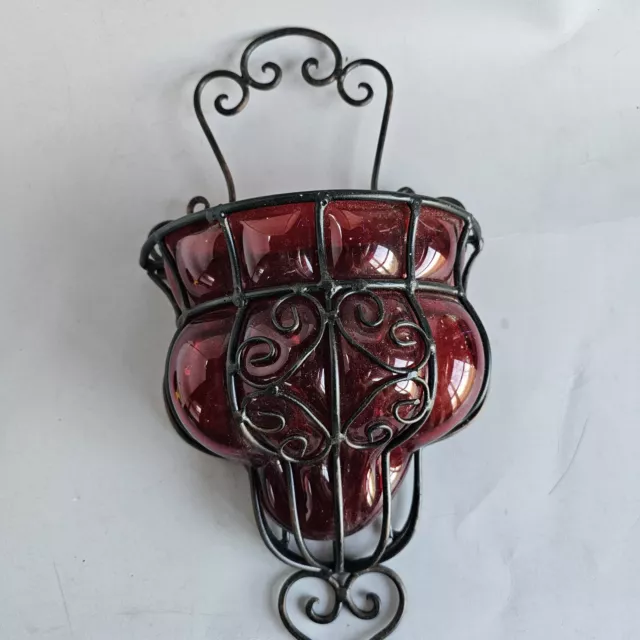 Vintage Ruby Caged Glass Wall Pocket Planter