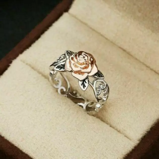 Fashion Rose Flower 925 Silver Floral Ring for Women Wedding Jewelry Size 6-10