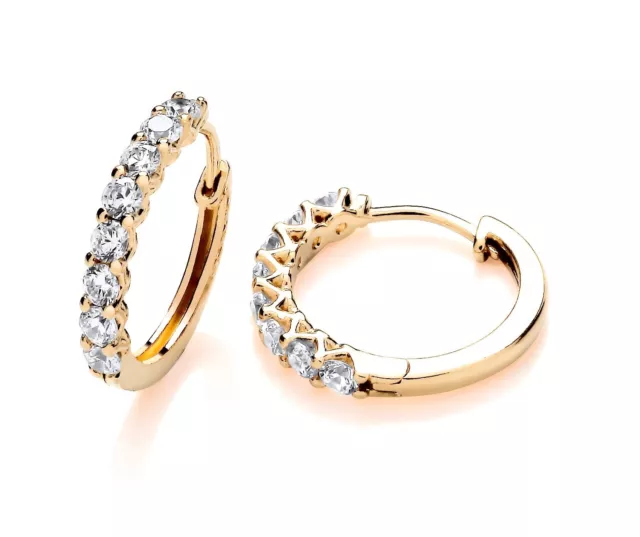 9ct Yellow Gold on Silver Sparkling CZ Huggie Hoop Ladies Earrings 18mm Diameter