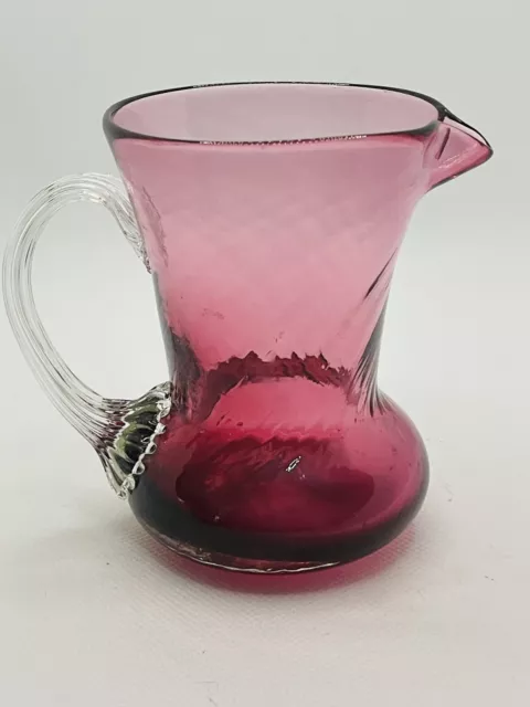 Vintage Pilgrim Cranberry Blown Glass Pitcher Creamer Clear handle 3 “ tall￼