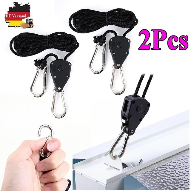 2pcs Seil Ratsche Rope Ratchet Licht Aufhänger mit Haken für Pflanzenlampe 1.8m