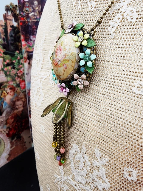 Michal Negrin Pendant Necklace Multicolor Cabochon Cameo Victorian Signed Big