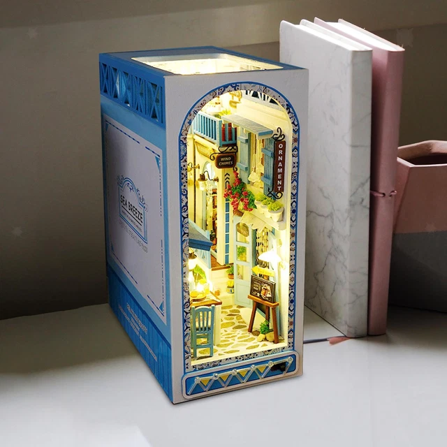 Serre-livres Puzzle 3D Maison Minature - Kit Bois Avec Lumière LED - Déco Bureau - Cadeau DIY Adulte - 2 Piles AAA Requises