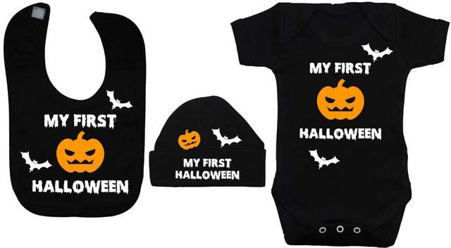 My First Halloween Baby Grow, Bodysuit, Feeding Bib & Beanie Hat Cap Spooky Bat