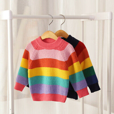 Child Kids Girls Rainbow Pullover Sweater Jumpers Cardigans Striped Knitting Top