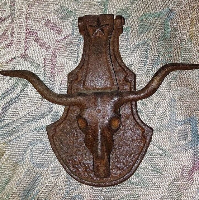 7"x8" Western Steer skull/horns cast iron rustic door knocker & horseshoe hooks