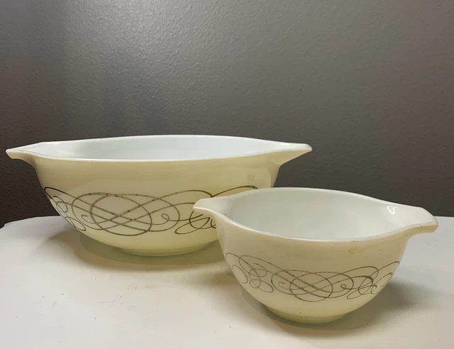 Vintage Pyrex Golden Scroll Cinderella Chip & Dip Mixing Bowls Promotional 1959 Vintage Pyrex Golden Scroll Cinderella Chip & Dip Mixing Bowls Promotional 1959