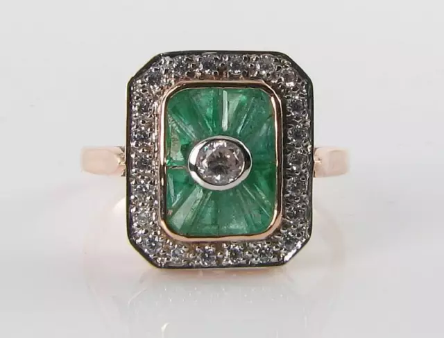 Large 9K 9Ct Rose Gold Colombian Emerald Diamond Art Deco Ins Ring Free Resize