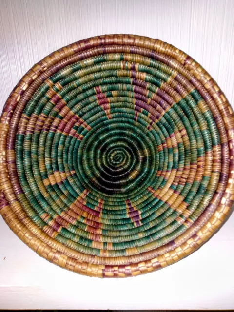 Vintage African Hand Woven Coil Basket Bowl 12"  Green Red Plum Tan design.