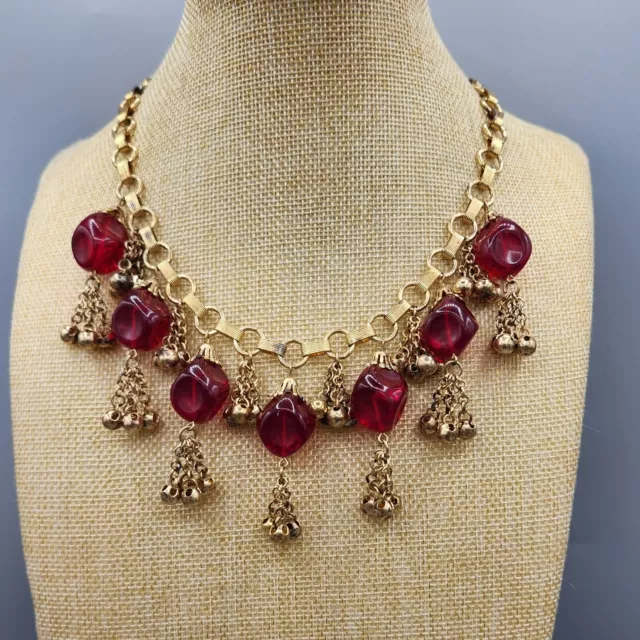1930s Haskell Era Red Lucite Nugget Gold Tone Fringe Festoon Book Chain Necklace