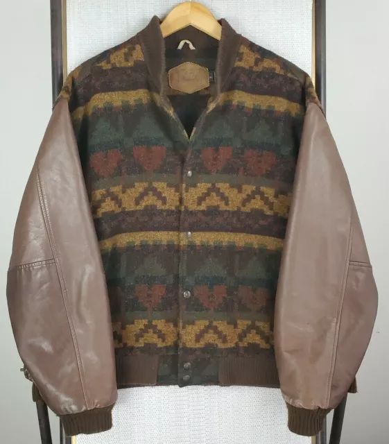 VTG WOOLRICH USA Size XL Mens Wool Leather Southwest Varsity Bomber Jacket Aztec
