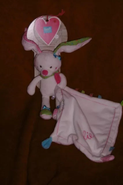 Doudou Peluche Lief Lifestyle Lapin Blanc Rose Vert Mouchoir Neuf