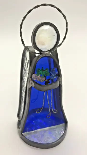 Stained Glass Angel Votive Candle Holder Blue 4" Flowers Collectible